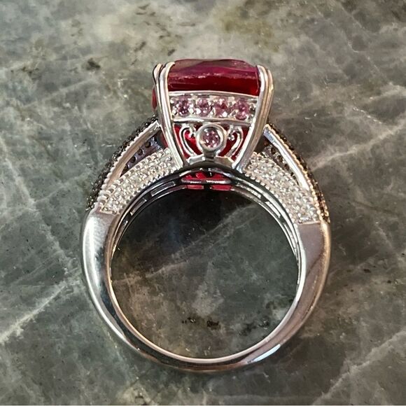 Stunning Volcanic Quartz, Lotus Garnet, White & Chocolate Zircon Platinum Ring 8 - Picture 8 of 16